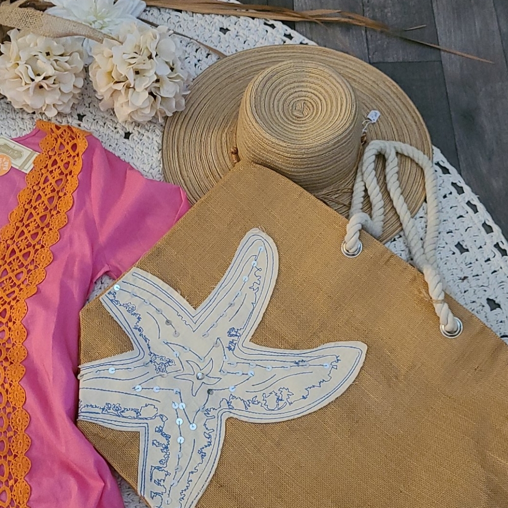 SALE NWOT LG BLUE WHITE  STARFISH BEACH BURLAP BAG - Picture 8 of 16